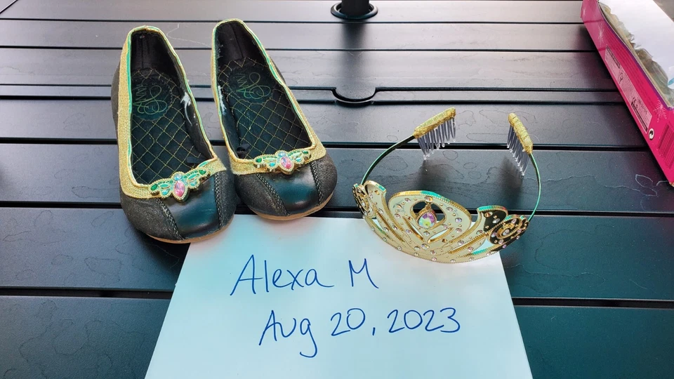 Disney Princesa Anna Frozen Disfraz Zapatos Negro Dorado Talla 2/3 + Corona Tiara Dorada Foto 1 de 4