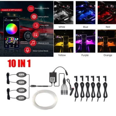 Lámpara de atmósfera LED RGB 10 en 1 luz de decoración de interiores de automóviles banda de fibra óptica de 5M hágalo usted mismo Foto 1 de 4
