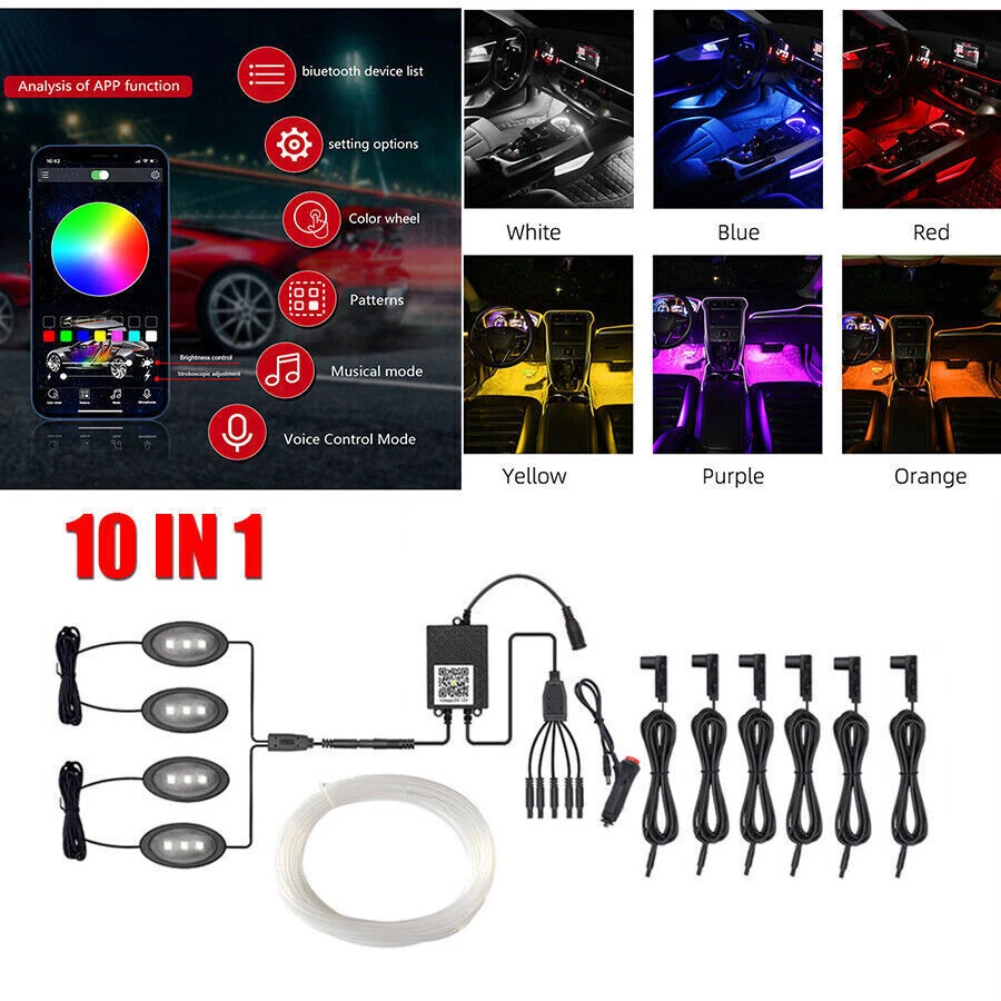 Lámpara de atmósfera LED RGB 10 en 1 luz de decoración de interiores de automóviles banda de fibra óptica de 5M hágalo usted mismo Foto 1 de 4