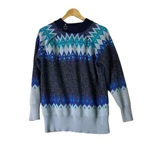 A626242 DENIM & CO Adaptive Fair Isle Pop Sweater Navy M - Picture 1 of 7