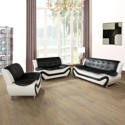 3 Piece Living Room Set with Sofa Loveseat and Armchair in Black/White Furniture - Image 1 of 4