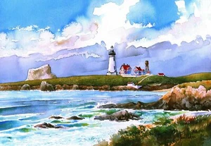 Faro Piedras Blanca c1910, San Simeón, CA. Tarjetas de notas de acuarela de James Mann - Imagen 1 de 2