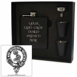 Art Pewter Buchan Clan Crest Black 6oz Hip Flask Box Set HF6 B S-C6C Scottish - Picture 1 of 3
