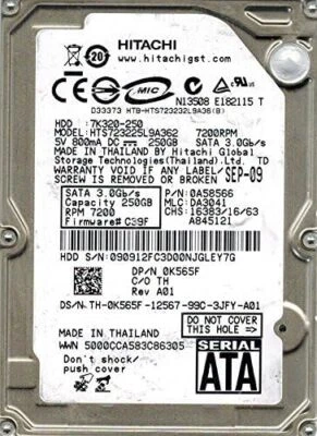 Hitachi 250GB Hard Drive HTS723225L9A362 P/N: 0A58566 MLC: DA3041 F/W: C39F - Image 1 of 2