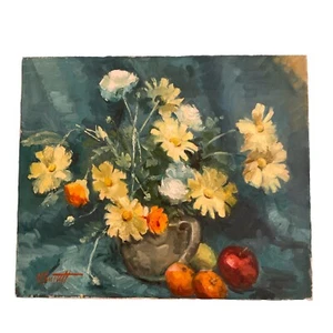 Vintage Original Ölgemälde gelbe Blumen in Vase signiert Stillleben C. Bennett - Bild 1 von 8