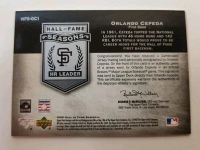 Hall of Fame Orlando Cepeda 2005 Autograph & Jersey Upper Deck Seasons HR Leader - Image 1 of 2