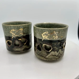 2 Somayaki Soma Ware Green Crackle Sake Tea Cups Double Walled Gold Hearts Horse - Picture 1 of 7