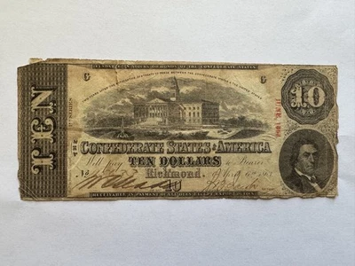1863 Confederate States of America $10 Banknote Obsolete Series 1 Civil War Note - Image 1 of 4