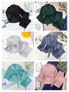 Women Matching Pajama Set with Belt Soft & Loose Sleepwear Female Home Clothes - Picture 1 of 20