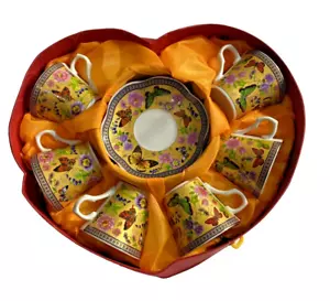 Demitasse Cup & Saucer Gold Accents Butterflies + Flowers golden yellow Set Of 6 - Picture 1 of 3