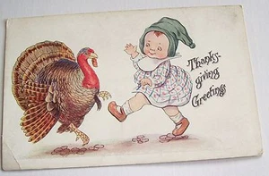Vintage Erntedankgrüße kleiner Junge mit Truthahn  - Bild 1 von 2