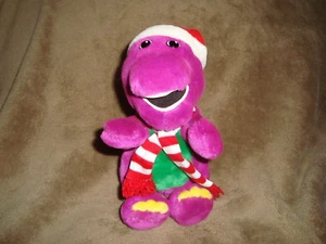 Barney The Dinosaur Christmas Plush wearing scarf & santa hat 1992 9" tall - Imagen 1 de 5