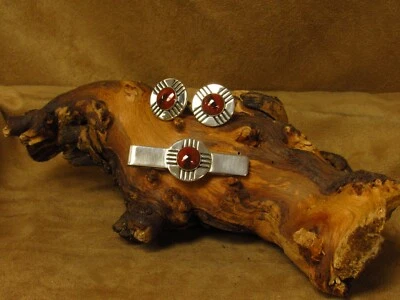 Sterling Silver and Jasper Tie Bar and Cuff Link Set - Image 1 of 4