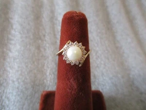 14K PLUMB YELLOW GOLD PEARL DIAMOND HALO RING-Sz 5- 2.83g by ROR/RINGS O'ROMANCE - Picture 1 of 16