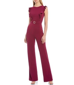 Betsey Johnson Ruffle Cap Sleeve Pearl Buckle Detail Wide Leg Jumpsuit sz 6 new - Picture 1 of 5