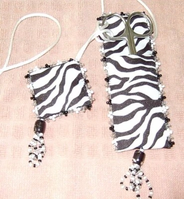 Zebra Print Beaded Ribbon Scissor Case & Pincushion W/ Scissor - NEW - Image 1 of 3
