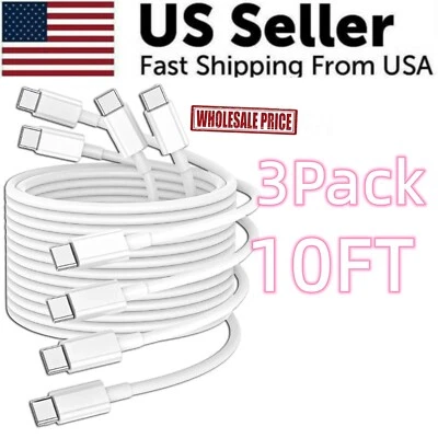 3 Pack 10FT USB-C to USB-C 60W PD Fast Charger Cable for iPhone 15 16 17 Pro Max - Image 1 of 4
