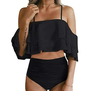 Tempt Me Women Two Piece Swimsuit High Waist Ruffled Bikini Solid Black L - Picture 1 of 5