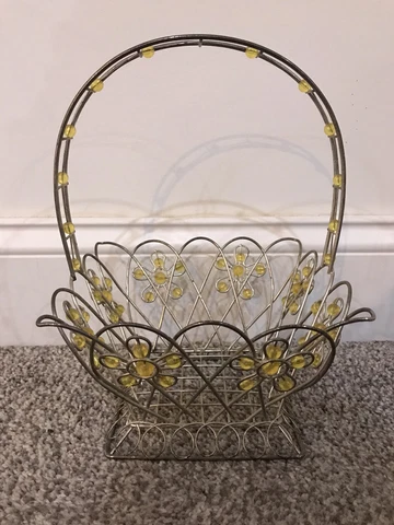 Vintage Wire Spring Flower Floral Easter Basket Yellow Beads Cover