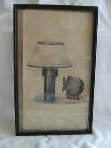Lampada e pesce 14 x 7,5 vintage 1950 disegno arte matita - Foto 1 di 3