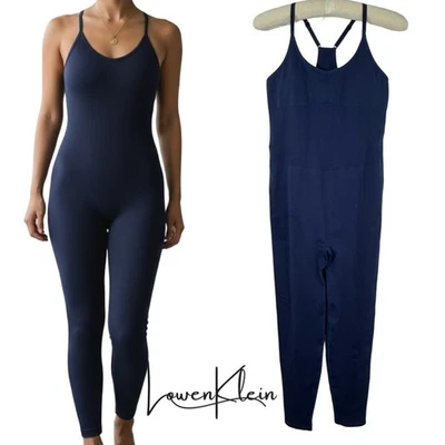 Pink Active Jumpsuit Ribbed Navy Blue Y Back Sleeveless Athleisure - Large New - Image 1 of 4