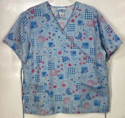 Scrub Top womens size L Large Circles Dots Geometric Shapes blue pink green - Image 1 of 3
