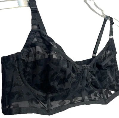 Torrid Curve Black Mesh Velvet Flocked Leopard Longline Underwire Bralette Bra 2 - Image 1 of 4