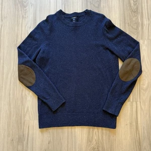 J Crew Navy Speckle Sweater LT Large Tall 80% Lambswool 20% Nylon Elbow Patches - Picture 1 of 9