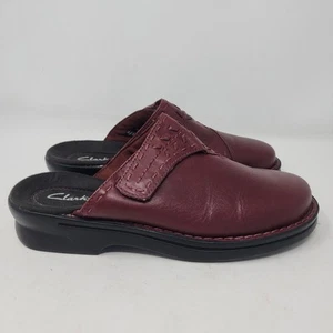 CLARKS LADIES Mules 7M, Red LEATHER SLIP ON Shoes CLOGS, Burgundy - Picture 1 of 10