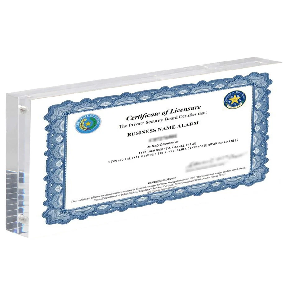 Marco de acrílico de licencia comercial para escritorio/mesa de certificado de licencia comercial 4x9... Foto 1 de 4