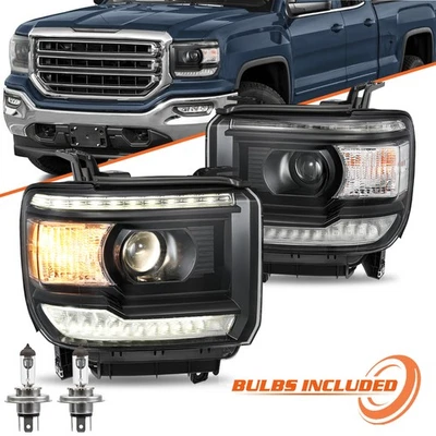 适用于 2014 - 2018 年 GMC Sierra 1500 2500HD 3500HD 黑色卤素车头灯带 LED DRL  — 第 1/4 张图片
