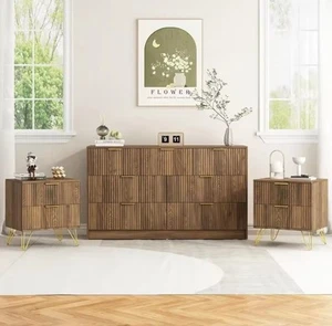 3 Pieces Elegant Retro Bedroom Set, 6 Drawer Dresser and Two Nightstands, White - Picture 1 of 6