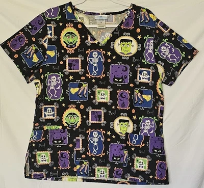 Ladies SB SCRUBS Medical Office Wear Top V-Neck Whimiscal Halloween Theme Sz M - Image 1 of 4