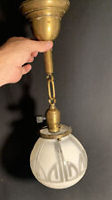 Vintage Brass Art Deco Geometric Hanging Ceiling Light Fixture Ball Glass Shade