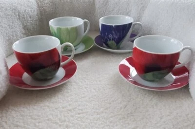 Juego de 4 tazas y platillos de té de café con flores contemporáneas de diseño Altom raro-Polonia Foto 1 de 4