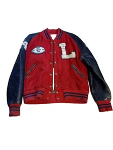 VTG Men's Flynntan Red Leather Letterman's Football Eagle Jacket Sz 42 - Picture 1 of 11