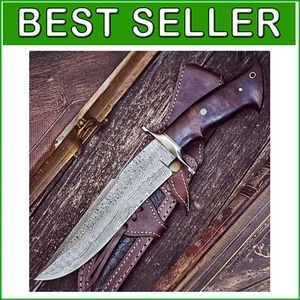 Durable Damascus Hunting Knife with Compound Bevel Blade & Leather Sheath - Picture 1 of 10