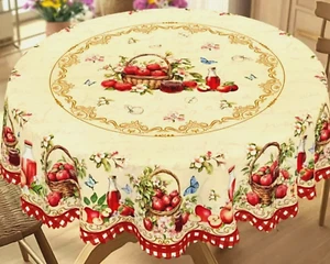 NEW 70 in Round Tablecloth - Farmhouse Apples In Basket - Scalloped - Polyester - Picture 1 of 4