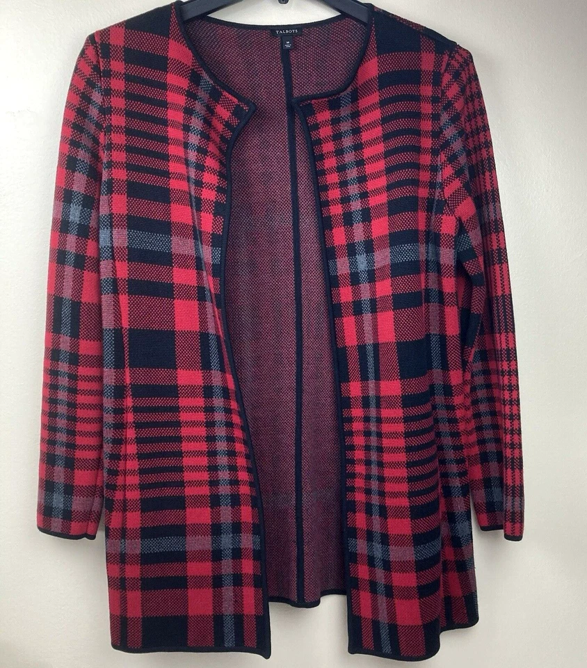Blazer Talbots Frente Abierto Para Mujer Mediano Negro Rojo Azul Chaqueta Larga a Cuadros Oficina Foto 1 de 4