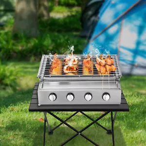 Gas BBQ Grill Stainless Steel Outdoor Camp Picnic Barbecue Shish Kabob 4 Burner - Picture 1 of 12