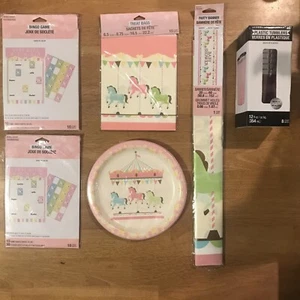 Bundle Carousel Girl Baby Shower Party Plates Cups Banner Bingo Treat Bags - Picture 1 of 11