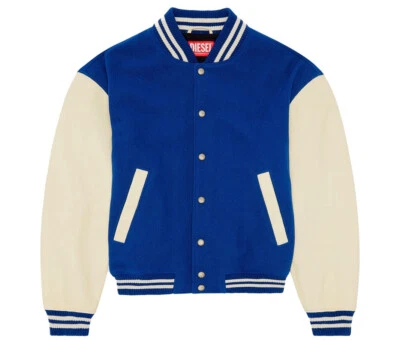 ¡NUEVO CON ETIQUETAS! Diesel L-Franz Cuero Lana Bomber Varsity Color Block Hombre’s 50 Chaqueta Azul Foto 1 de 4