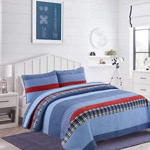 Navy Red Denim Plaid 100%Cotton Quilt Set, Bedspread, Coverlet - Picture 1 of 5