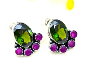 Peridot, Amethyst Gemstone 925 Sterling Silver Handmade Jewelry Earrings 0.75" - Picture 1 of 6
