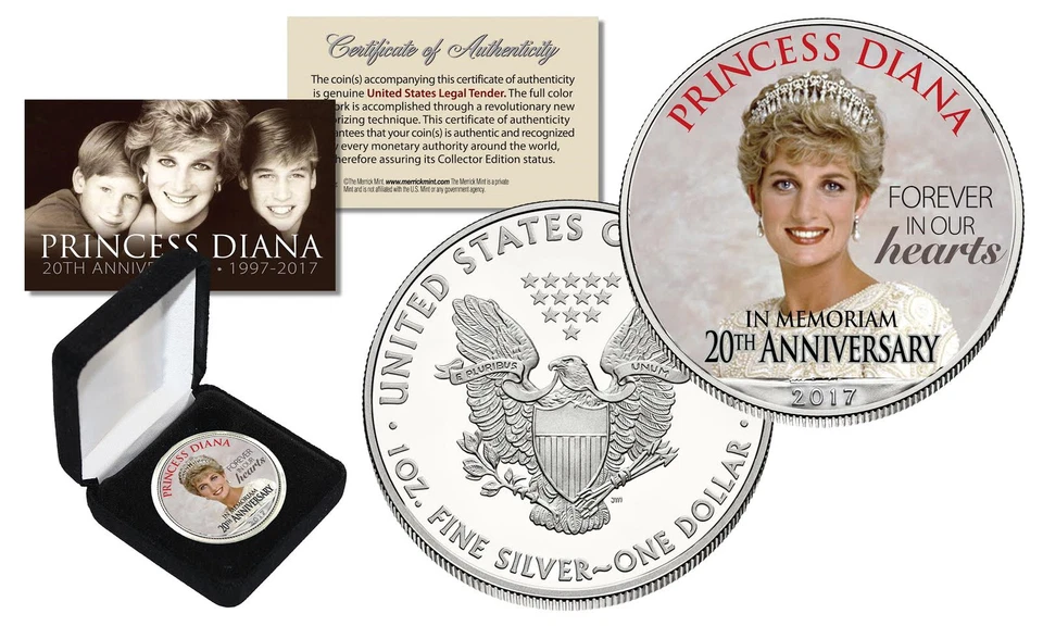 PRINCESA DIANA 20 Aniversario 1oz .999 PLATA AMERICAN EAGLE EE. UU. MONEDA con CAJA Foto 1 de 1