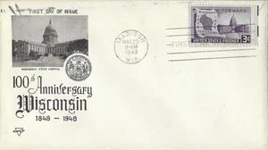 1948 FDC, #957, 3c Wisconsin 100°, 1° Pearson M-59 - Foto 1 di 1