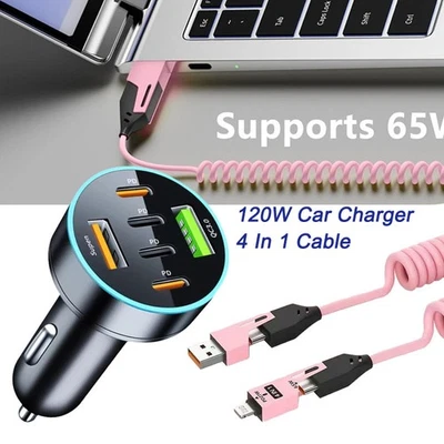 120W Fast Charging Car Charger, 4 In 1 Cable For iPhone & All Android Phones - Image 1 of 4