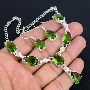 Peridot Gemstone Handmade 925 Silver Jewelry Necklace +Earring set - Picture 1 of 4