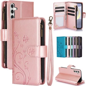 Zipper Flower Butterfly Wallet Phone Case For Samsung S24 S23 S22 S21 S20 S10 S9 - Picture 1 of 18