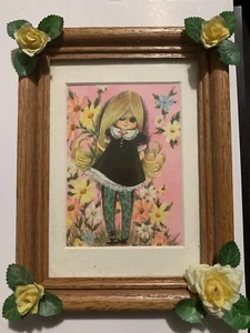 1980s Vintage Silk Rose Frame With A Bradley Big Eyed Doll Card Matted - Bild 1 von 5